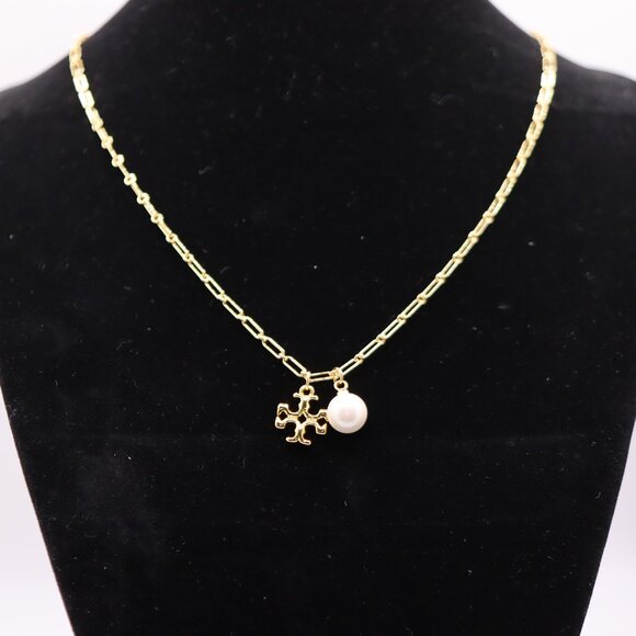 ✨ Tory Burch Gold Paperclip Chain Necklace with Pearl & Logo Charm - Picture 1 of 1